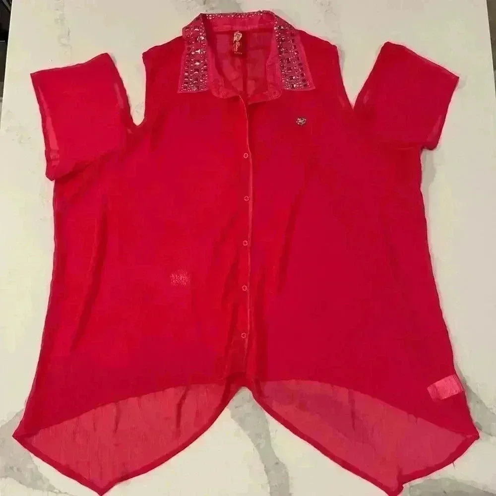 Vintage Apple Bottoms ColdShoulder Sheer ButtonUp Blouse Women 3X Studded Collar